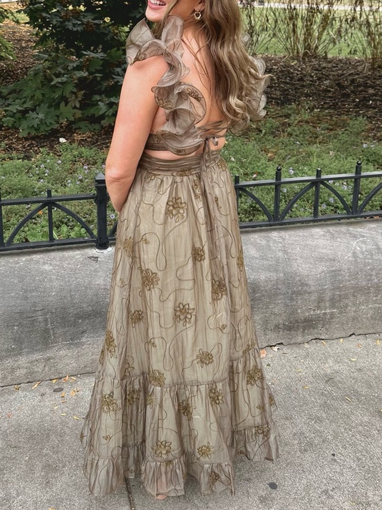 Storia Dresses & Skirts - Storia Backless Corset Ruffled Maxi Dress in Olive-Taupe-Gold Wedding Guest READ